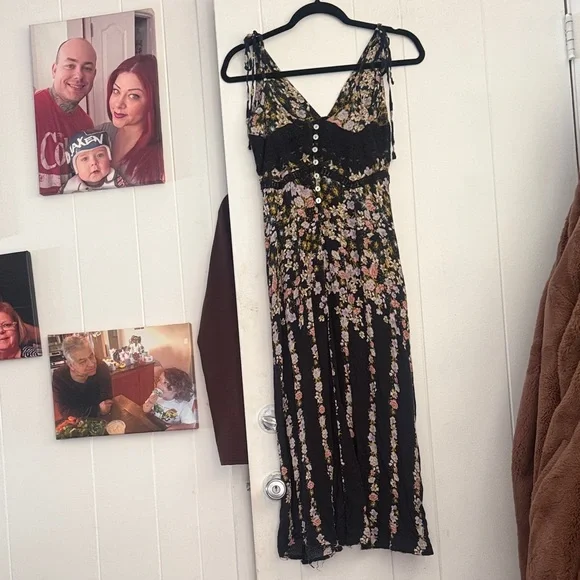Free People Black Floral Dress boho hippie cottage summer goth resort cover up - Picture 4 of 8